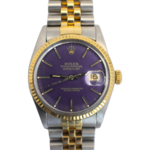 Striking Rolex Datejust 36 timepiece featuring a captivating violet blue dial, complemented by a sleek 36mm case and reliable automatic movement.