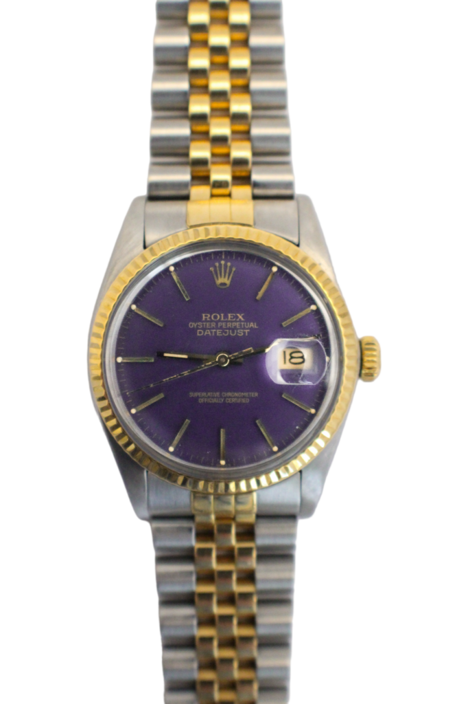 Striking Rolex Datejust 36 timepiece featuring a captivating violet blue dial, complemented by a sleek 36mm case and reliable automatic movement.
