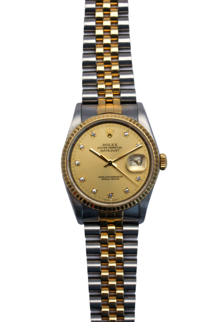 Vintage Rolex Datejust 16233 with a diamond-adorned dial, showcasing timeless elegance and precise automatic movement