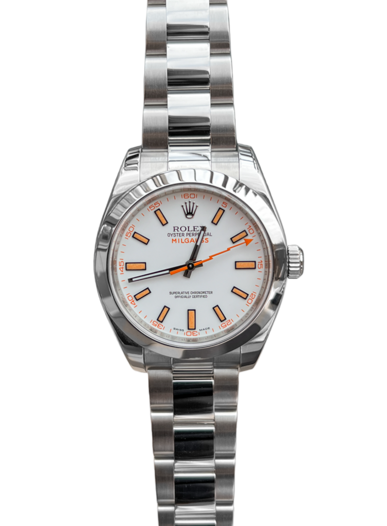 white Rolex Milgauss 116400: A sophisticated and elegant timepiece, the white Rolex Milgauss 116400 features a polished stainless steel case with a striking white dial. The watch's luminous silver hour markers and hands are complemented by a distinctive orange lightning bolt-shaped second hand, adding a touch of boldness to its design. The smooth bezel and sapphire crystal further enhance its sleek appearance.