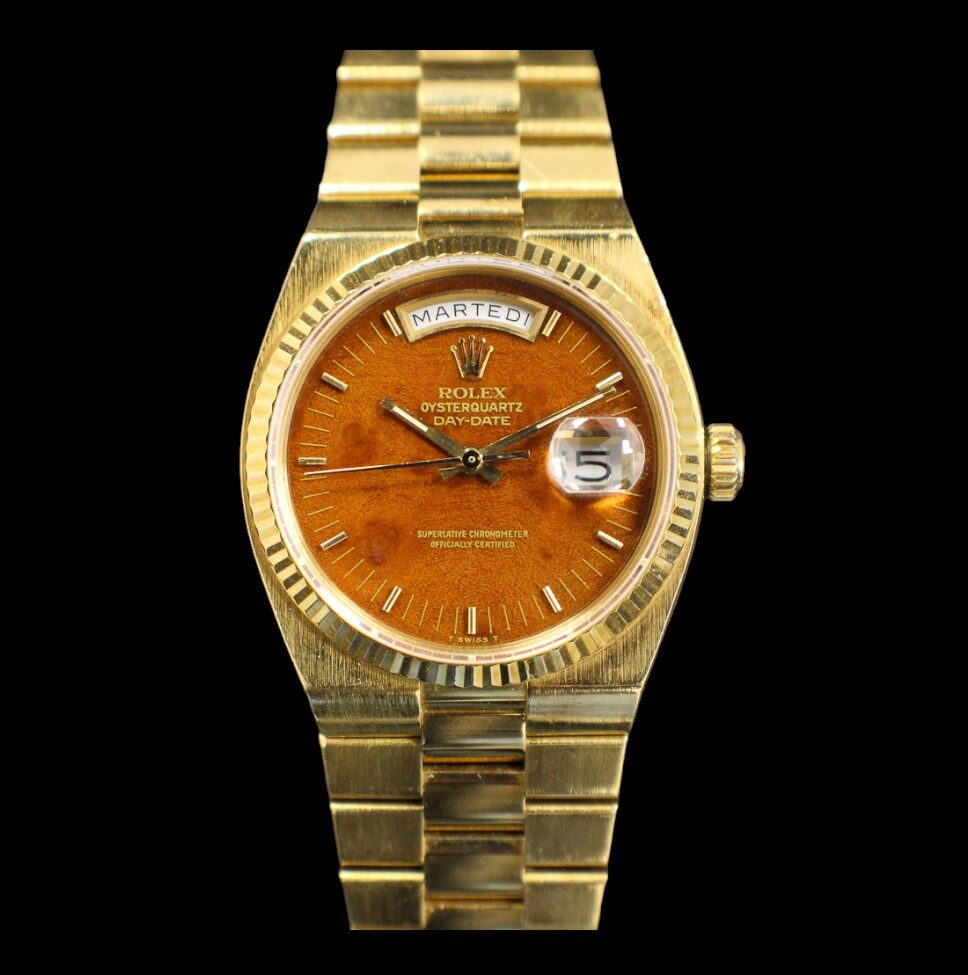 18k yellow gold Rolex OysterQuartz Day-Date 36 with an original Wood Dial