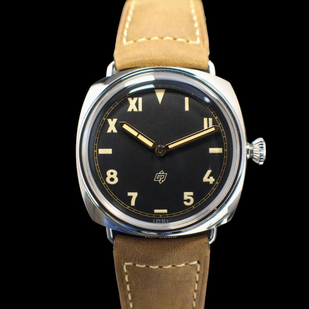 Panerai Radiomir 3 Days 47mm watch with a black dial and brown leather strap