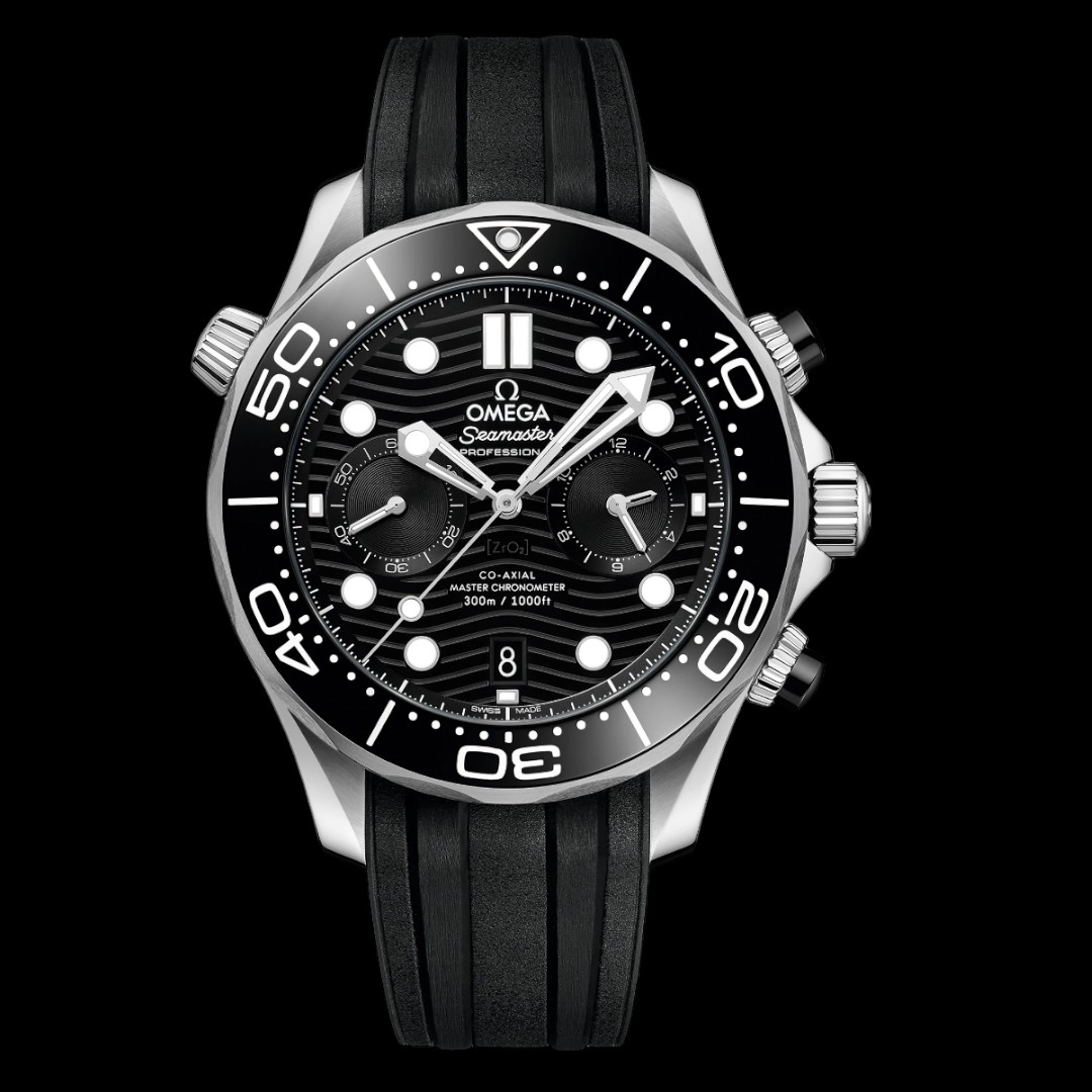 The omega seamaster diver chronograph watch is black with a black dial.