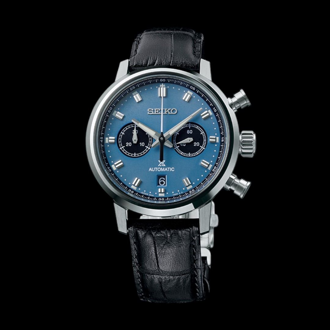 A sophisticated Seiko SRQ039 wristwatch featuring a sunburst blue dial with chronograph sub-dials, silver-tone hands and indices, housed in a stainless steel case with a matching bracelet. The timepiece exudes elegance and precision, showcasing Seiko's commitment to craftsmanship and design excellence.