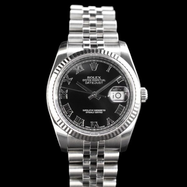 Rolex Datejust 36 stainless steel with a white gold fluted bezel and black roman dial on a jubilee bracelet with a concealed clasp