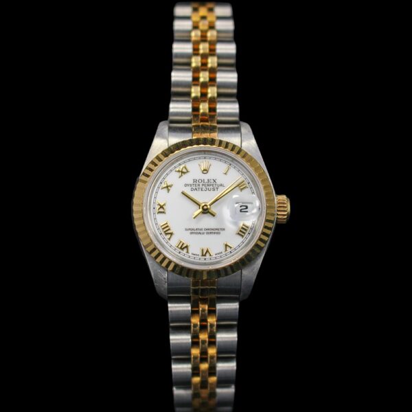 1997 Women's Datejust 26 stainless steel and gold with a yellow gold fluted bezel and white roman dial on two tone jubilee bracelet