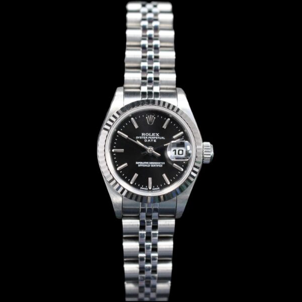 1995 Women's Datejust 26 stainless steel with a white gold fluted bezel and black index dial on jubilee bracelet