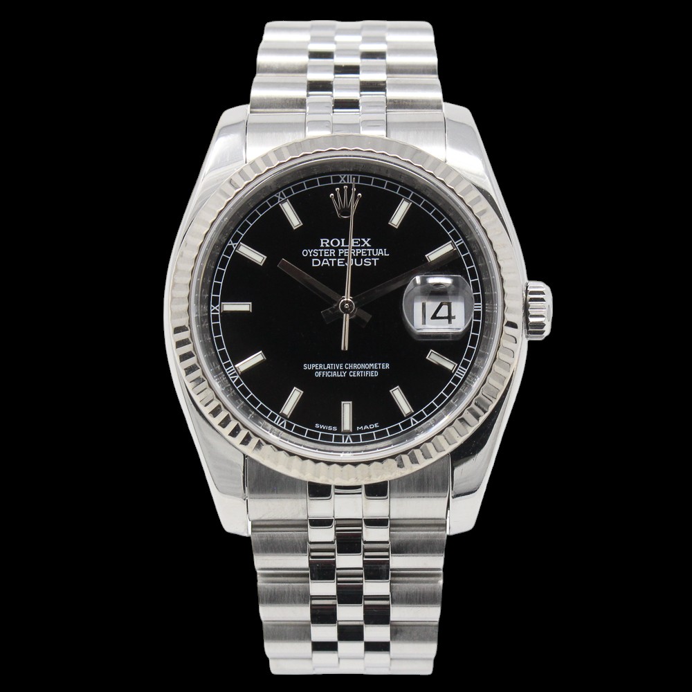2007 Rolex Datejust 36 black index dial in stainless steel on jubilee bracelet