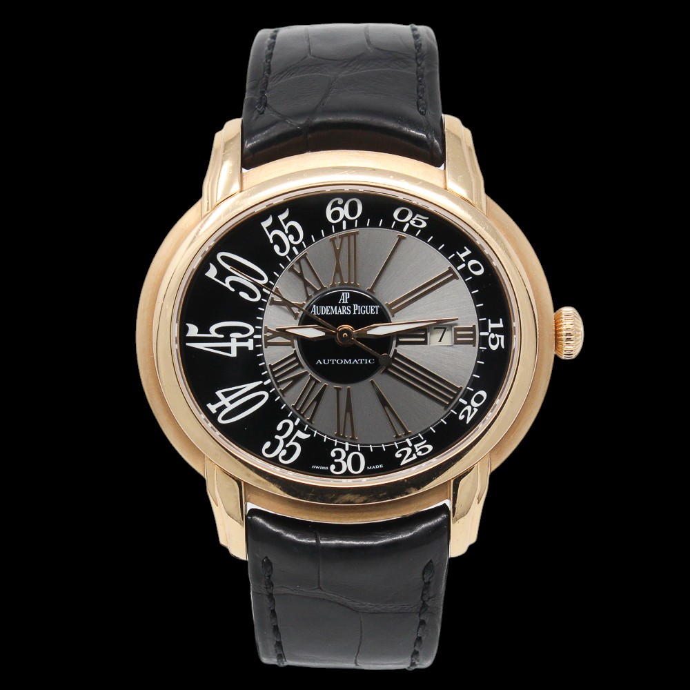 Audemars Piguet Millenary watch in 18k rose gold with black dial and black leather strap