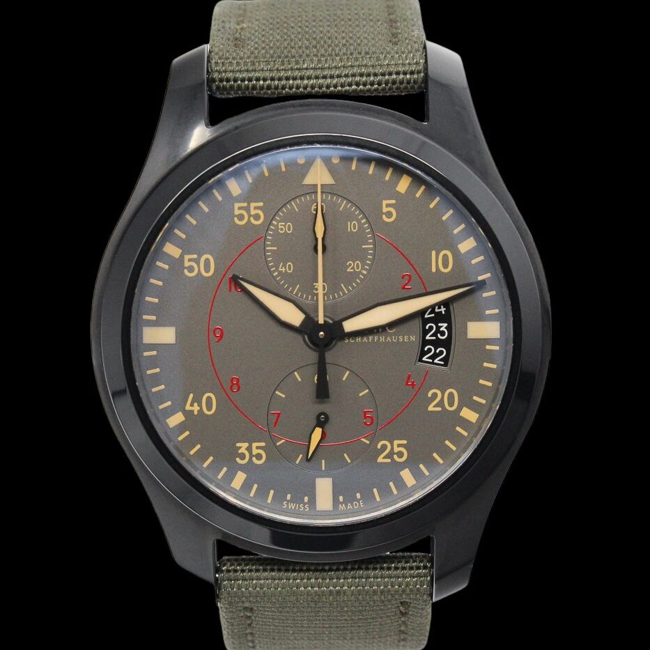 IWC Pilot Chronograph Top Gun Miramar watch on an olive canvas strap