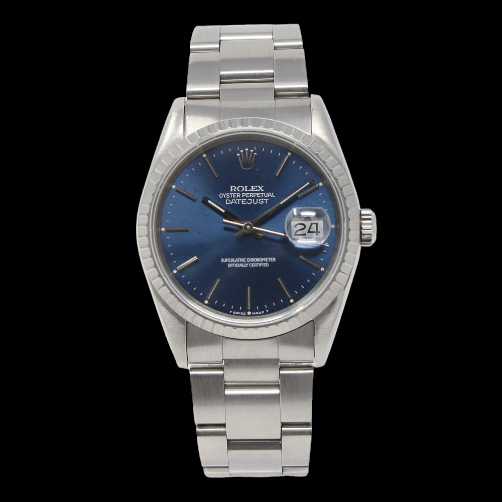 Rolex Datejust 36mm model 16220 blue dial in stainless steel on oyster bracelet
