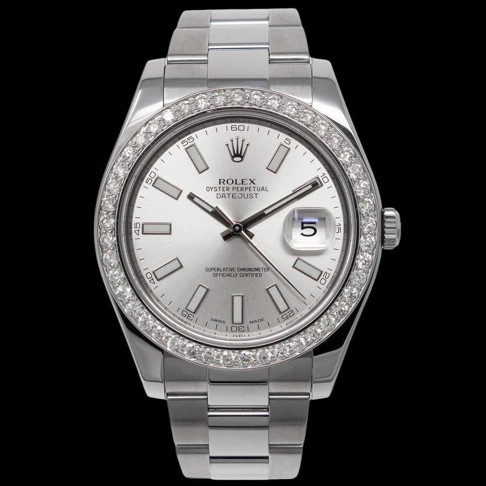 Rolex Datejust 41 126300 with a custom diamond bezel on oyster bracelet