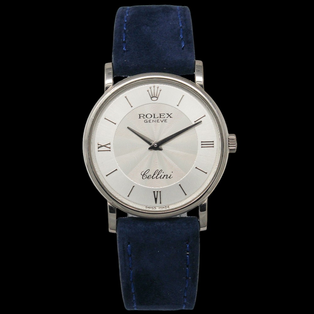 1999 Rolex Cellini 32mm 5115 in 18k white gold on a blue aftermarket strap