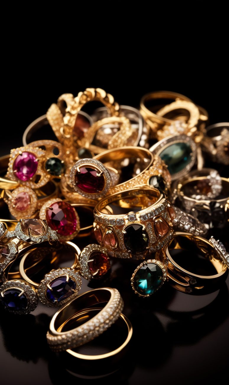 Rings made of gold and rubies lying on a black background. The c